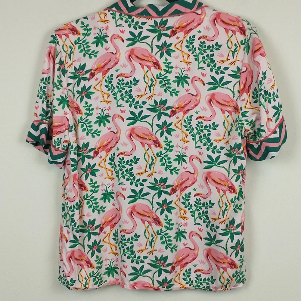 Printfresh Flock of Flamingos Pajama Top Womens XS Viscose Short Sleeve Button